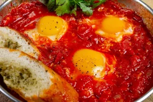 Chakchouka aux œufs dans une sauce tomate relevée, servie avec du pain et de la coriandre